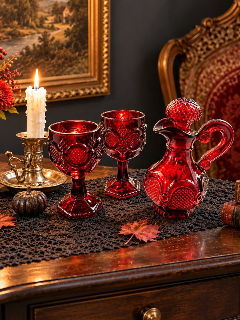 Vintage Avon 1876 Cape Cod Ruby Red Cruet & Goblets Set